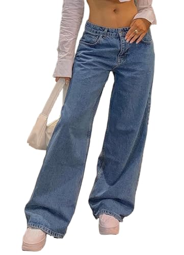 Women's Casual High Waist Straight Leg Jeans Stretch Distressed Baggy Wide Leg Boyfried Denim Pants with Pockets