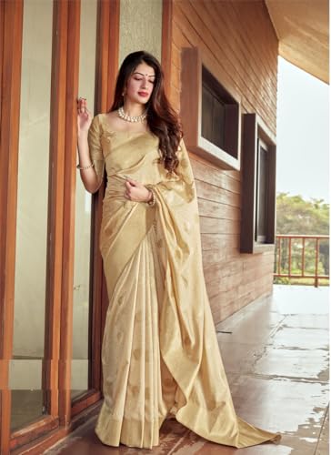 Image of SGF11 Women's Kanjivaram Pure Soft Silk Saree For Women Pure Golden Zari With Blouse Piece