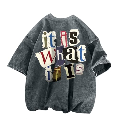 Zoemghc Mens Graphic Tees Funny Letter Print Vintage Oversize T Shirts Acid Wash Shirt Streetwear Rapper Casual Tee Top(Denim Blue,M)