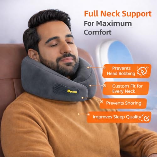 Image of HEVEA Travel Neck Pillow with Eye Mask,100% Memory Foam & 360 Degree Neck Support Pillow for Flight, Car, Bus,Train Travel, Adjustable Velcro, Washable Velvet Cover, Free Travel Pouch..(Gray)