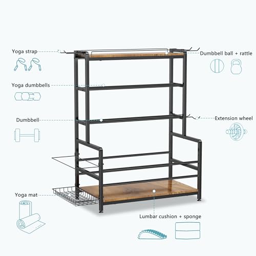 Gym Home Equipment Weight Rack – 3‑Tier Workout Storage Stand for Dumbbells & Kettlebells, Medicine Ball Holder, 460 lb Steel Organizer with Yoga Mat Basket, Hooks, Adjustable Feet, 24 x 16 in