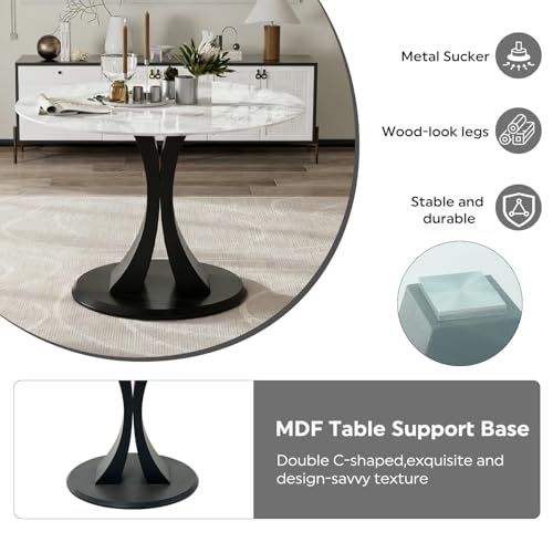 Image of 5-Piece Dining Table Set with 39In Faux Marble Table and 4 Velvet Upholstered Chairs, Modern Scandinavian Furniture for Dining Room Kitchen(Yellow)
