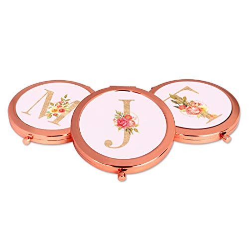Andaz Press Rose Gold Compact Pocket Makeup Mirror Bridesmaid's Wedding Gift, English Garden Florals, Monogram Letter J, 1-Pack, Girls Women Bridal Shower Wedding Party Gifts #TOP3