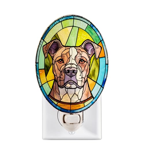 Image of Dog Night Light Pitbull, Stained Glass Styled Plug-in Wall Nightlight, Bulb Included, Pet Memorial Dog Lover Gift, Bedroom Hallway Bathroom Decor, Manual On /Off Switch