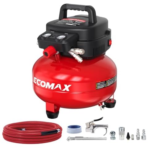 ECOMAX Air Compressor 6 Gallon Pancake Portable Tire Inflator Oil-free Tank 150 PSI with 10 PCS Accessories Kit Cover