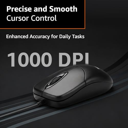 Image of amazon basics Wired Mouse | 1000 DPI Optical Sensor | Plug and Play | Compatible with PC, Laptop (Black)