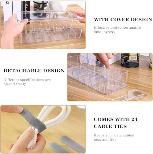 2 Stück Kabel Organizer Box, Kabel Aufbewahrungsbox mit 8 Fächer und 24 Kabelbindern, Transparente Cable Management Box, Aufbewahrungsbox für Ladekabel Schreibtisch Aufbewahrung Büro, Heimgebrauch