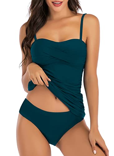 CheChury Tankini Swimsuits for Women Bandeau Swimming Costume with Breifs Padded Tummy Control Bikini Twist Front Removable Straps Swimwear Plus Size,Blue,M