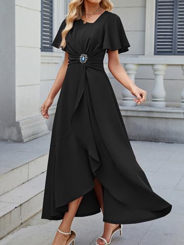 Image of QMZ Wedding Guest Dresses for Women V Neck Cocktail Dress Ruffle Sleeve A Line Evening Party Formal Dresses for Women