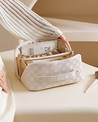 Eachy Travel Makeup Bag,Large Capacity Cosmetic Bags For Women,Waterproof Portable Pouch Open Flat Toiletry Bag Make Up Organizer With Divider And Handle (Plaid-White) #TOP6