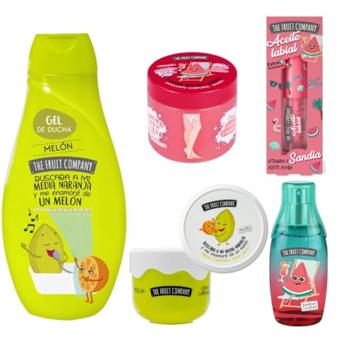 Pack Completo de Belleza The Fruit Company con Aroma a Sandía y Melon: Champú Hidratante, Labial Suavizante, Colonia Refrescante y Exfoliante Natural - Regalo con el Dulce Encanto de la Sandía y Melon