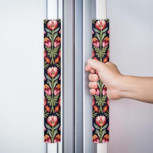 Image of Pardick Refrigerator Door Handle Covers Set of 2 Red Flower Floral Washable Fridge Dishwasher Mocrowave Oven Stove Decor Protector Handle Cover Keep Kitchen Appliance Clean from Food Stains Decorate