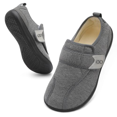 Wide Diabetic Shoes With Adjustable Strap For Swollen Feet Outdoor Indoor Slippers Dark Grey, 9.5 Wide