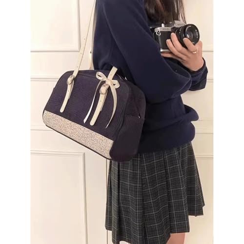 Corduroy Tote Bag Vintage Corduroy Bowknot Shoulder Bag With Floral Patchwork Cute Ribbon Top Handle Tote Satchel for Women3