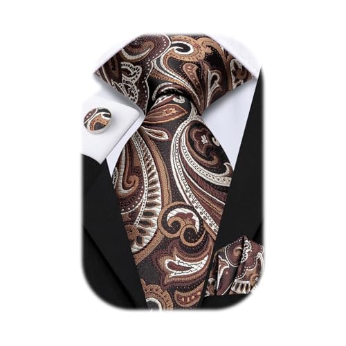 Image of Hi-Tie Men Ties Sets Silk Stripe Paisley Necktie Pocket Square Cufflinks for Business Wedding