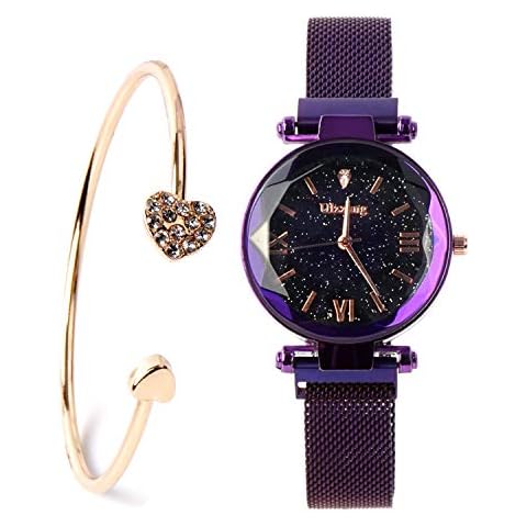 FUNGORGT Valentine's Day Gifts-Ladies Fashion Wrist Watch Casual Crystal Quartz Star Dial Watch with Purple Magnetic mesh Belt and Bracelet Set Cover