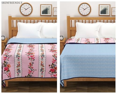 Image of Amazon Brand - Umi Blanket for Single Bed, 120 GSM Microfiber 2 Layered Quilted Dohar, Soft Lightweight Reversible Printed AC Blanket Single Bed for All Season (Pink, 152 x 225 cm)