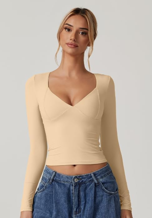 QINSEN Women's Long Sleeve V Neck T Shirts Double Lined Crop Top Seamed Cup Going Out Tops - Image 5