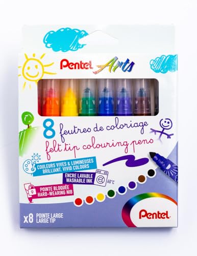 Pentel Arts SCS3E-8 Feutres de coloriage enfants, encre lavable, Pointe large, Pack de 8 couleurs...