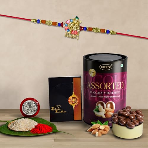 Image of DeoDap Multicolor Red Roli Chawal Rakhi Rakhi with Assorted Chocolate Dry Fruits 96gm, Silver Pooja Coin, Tilak Set, Greeting Card - Rakhi Gift for Brother