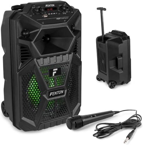Fenton FPC8T – Altavoz Karaoke portátil 100W con batería Bluetooth 5.0 USB SD AUX micrófono Incluido Efectos Eco y Voz Luces LED Ruedas y asa telescópica Karaoke para Adultos y niños Fiestas