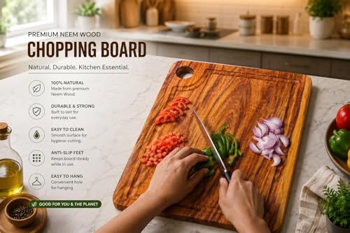 Image of Pure Neem Wood Chopping Board | Natural Anti-Bacterial Wooden Cutting Board for Kitchen | Knife Friendly, Durable & Eco-Friendly Board for Vegetables (Juice Groove Solid Chopping Board)