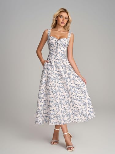 Image of KUTUMAI Floral Corset Midi Dresses for Women 2026 Lace Up Flowy Summer Wedding Guest Dress with Pockets