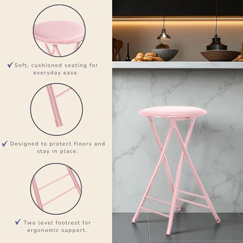 Image of Lavish Home Folding Stool with Padded Backless Seat Set of 2, Pink, 24 inch | Counter Height Bar Stools with 225lb Capacity, Portable Indoor & Outdoor, Extra Seat for Kitchen, Rec Room or Camping