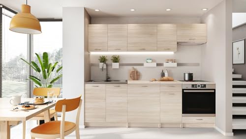 PEGANE Cuisine complète Mila 8 éléments Couleur Sonoma avec Plan de Travail Inclus - Longueur 240 cm