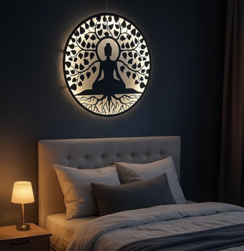 Image of M.K Handicraft Buddha Metal Wall Art 3D Wall Art 24 IN Wall Hanging with Led Backlight Decorative Showpiece - 60 cm (Iron,Black) for Living Room, Bedroom, Dining Room