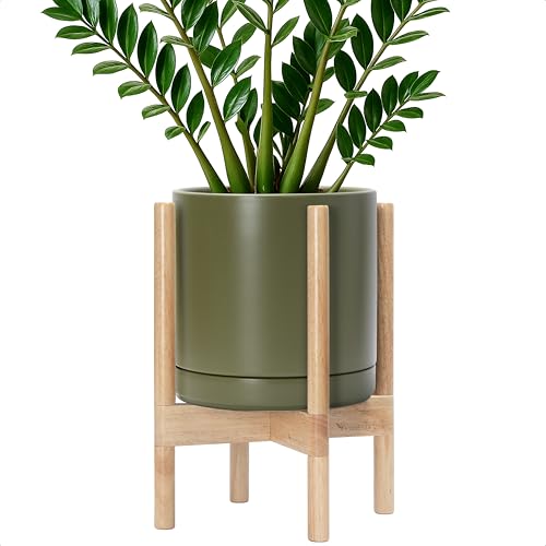 D'vine Dev Ceramic Pot with Natural Wood Stand, Olive, 10 in, 55-B-K-J