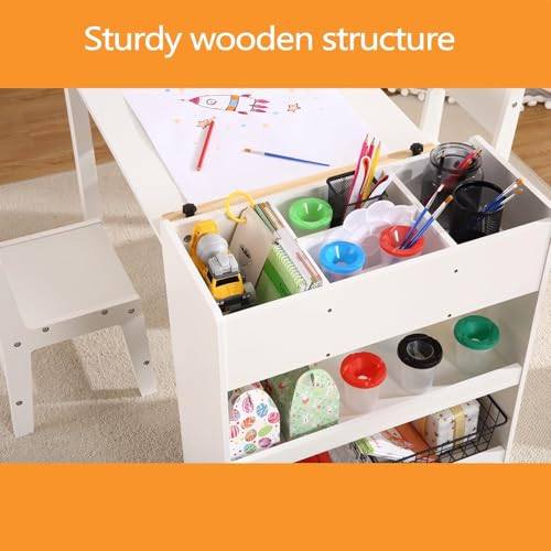 Table and Chair Set, Drawing Table and 2 Chairs Set, Craft Desk with Storage Shelves, Paper Roller, Wooden Art Table Activity Table White by JoanKaren - Image 2