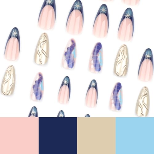 Image of Stiletto Press on nails French Tip Fake Nails with 3D Line Design Bronze Colour Glue on Nails Star Stick on Nail Artificial Acrylic Full Cover Medium Blue False Nail for Women Manicure 24Pcs