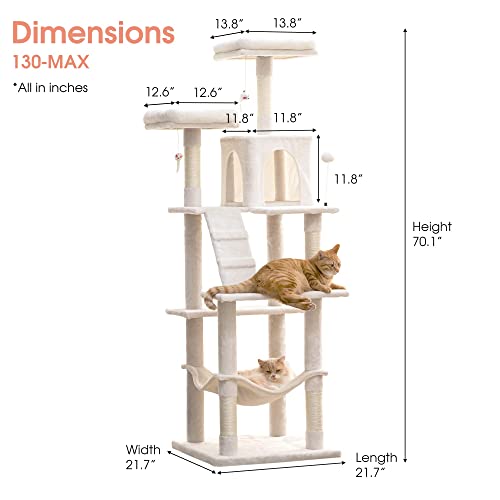 Mwpo 70.1-Inch Large Cat Tree, Multi-Level Tall Cat Tower For Indoor Cats, Plush Cat Condo With Big Padded Perches, Sisal-Covered Scratching Posts, Hammock, Toys For Kittens & Cats - Beige #TOP6