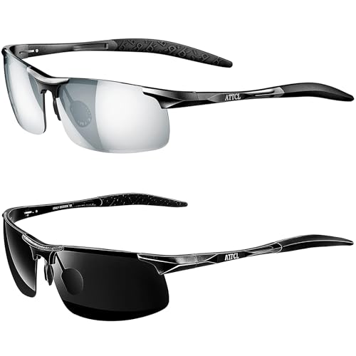 ATTCL Bundle gifts for men Fashion Driving Polarized Sunglasses for Men Al-Mg Metal Frame Ultra Light:(8177-Black-Silver)+(8177-black-gray)