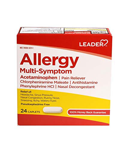Leader Allergy Multi-Symptom Relief, Pain Reliever, Antihistamine, Nasal Decongestant, Fast-Acting & Long-Lasting Relief for Hay Fever, Headache, Sinus Pressure Symptoms 24 Caplets Each, Pack of 3