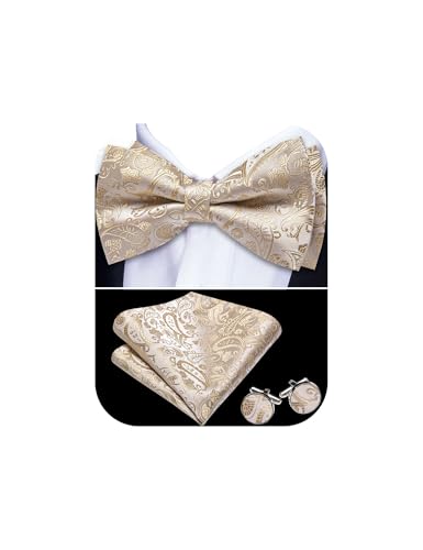 Image of YOHOWA Paisley Striped Men Bow Tie Pre-Tied Formal Adjustable Colorful Bowties Handkerchief Cufflinks Set Wedding Party