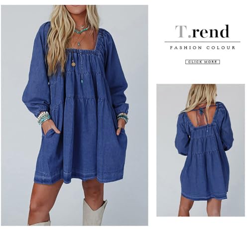 utcoco Women 2025 Trendy Casual Square Neck Denim Dress Tie Back Puff Sleeve Jean Mini Dress with Pockets2