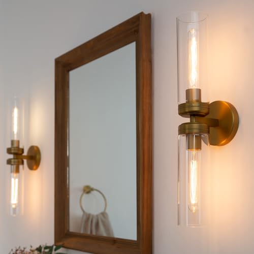 Image of Pathson 2 Lights Cylinder Glass Wall Sconce, Set of 2 Hardwired Wall Vanity Lights with Double Tube Glass, Vintage Aluminum Wall Lamp Decor for Bathroom Mirror Living Room Bedroom Fireplace Staircase