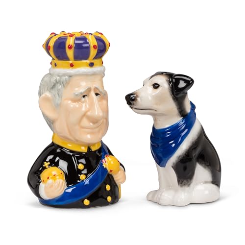 Abbott Collection Home Kitsch King & Jack Russell Salt & Pepper Shaker Set - Ceramic, Black/White (3.5" H) by Abbott Collection - Used condition - CA$21.06