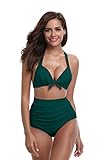 SHEKINI Damen Bikini Set Rückenfrei Elegant Neckholder Bikinioberteil Ruched Bauchweg High Waist Bikinihose Retro Zweiteiliger Badeanzug (L, Dunkelgrün)