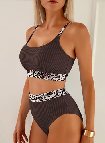 Image of Herseas Women's Textured Bikini Sets Floral Print Trim Scoop Neck Swimsuits High Waisted Bathing Suits