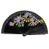 la monsita Abanico artesanal de madera, Abanico pintando a mano, Abanico Diseño de flores, Abanico para Mujer Colores (Negro)