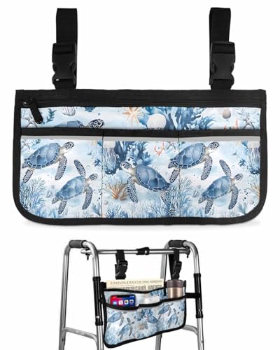 Coastal Blue Wheelchair Bag with Cup Holder Walker Bag with Reflective Stripes for Seniors Electric Wheel Chair Accessories for Adults Ocean Coral Jellyfish Wheelchair Side Bag for Rollator