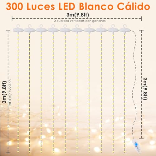 Anpro LED USB Lichtervorhang 3m x 3m, 300 LEDs USB Lichterkettenvorhang mit 8 Lichtmodelle für Partydekoration deko schlafzimmer, Innenbeleuchtung, Warmweiß