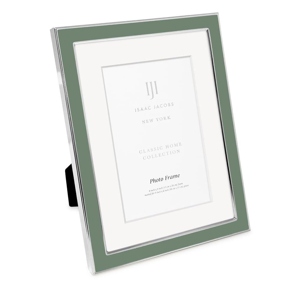 Isaac Jacobs 6x8 (Matted 4x6) Rosemary Green Enamel Picture Frame with Silver Metal Edge and Easel, Tabletop Display, Wall Décor, Photo Gallery, (6x8 (Matted 4x6), Rosemary Green with Silver)