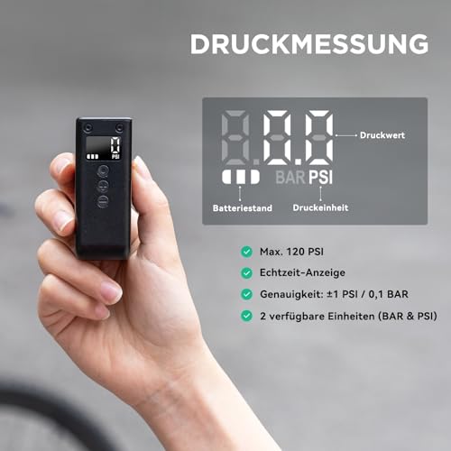 CYCPLUS AS2 PRO Tiny Fahrradpumpe mit Manometer, max 120 PSI Elektrofahrradpumpe, automatische Abschaltung, mit Presta- und Schrader-Ventil für E-Bike, Mountainbike, Citybike und Rennrad(2025 Version)