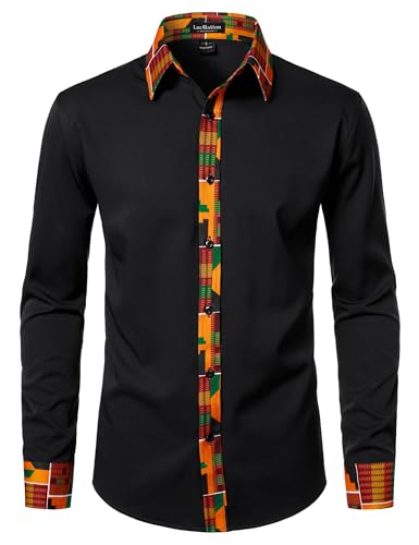 LucMatton Men's Kente Print Long-Sleeve Button-Down Dress Shirt African Attire