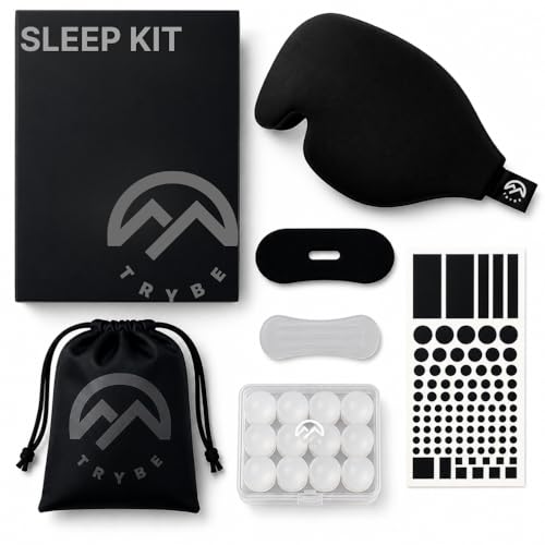 Trybe Sleep Kit Sleep Mask Ear Plugs Nose Strips and Light Covers for Travel. Sleep kit Bag and Breath and Sleep Guide for Travel Hotels Camping or Home (Sleep Kit) (Sleep Kit)