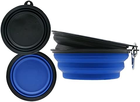 Sunlotus 2 Pack 650ml Collapsible Dog Bowl Portable Feeder for Dog Pet Food Water Bowl for Dog and Cat Extendable Pet Feeding Silicone Bowl with Hook (Blue+Black)